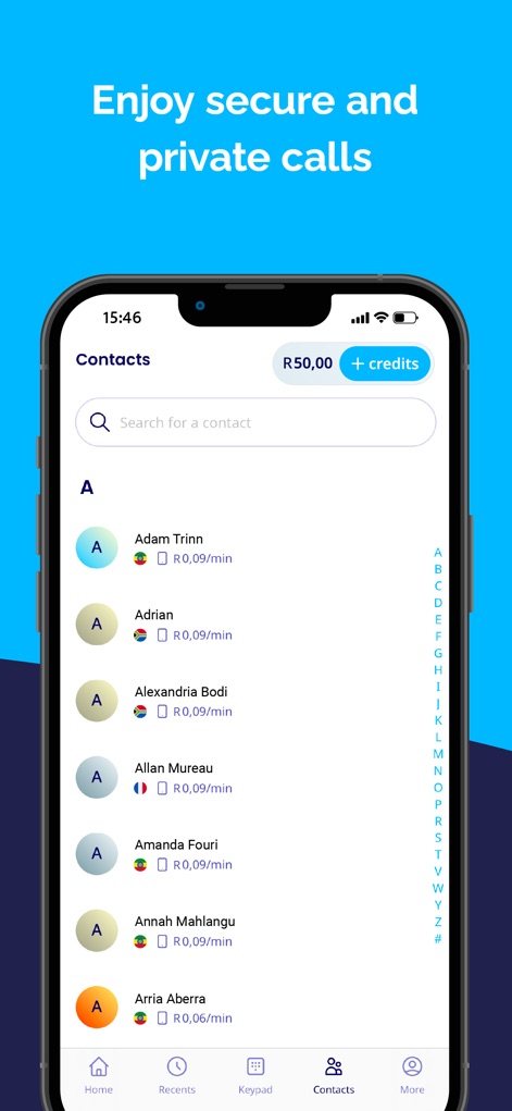 International Calling－Talk360 - This tool seamlessly integrates with user contacts, allowing for easy searching via the top search bar and displaying the 'R 0,09/min' calling rate next to each contact entry.