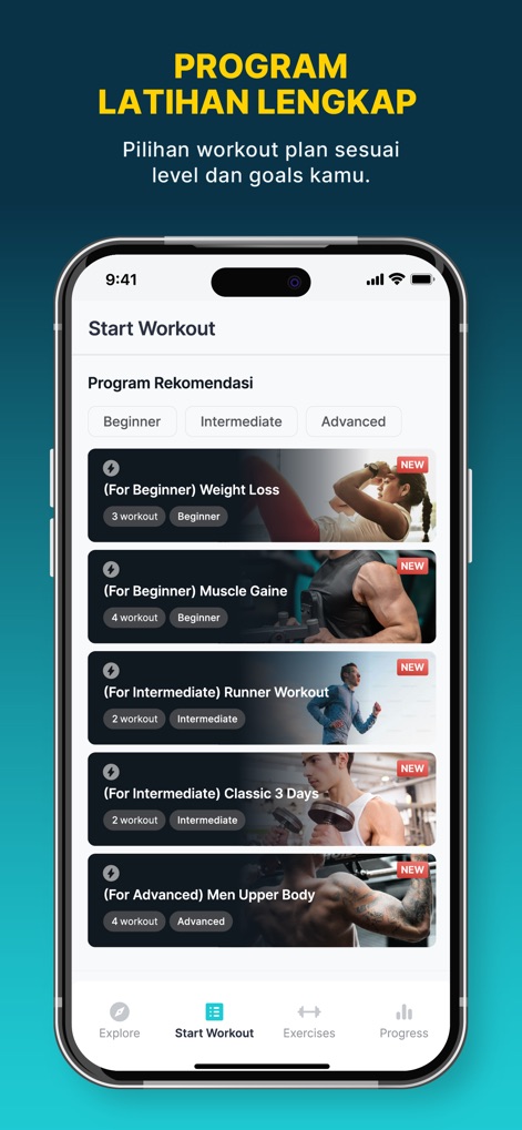 FIT HUB | Gym & Fitness App - The app offers tailored workout programs categorized by difficulty levels such as Beginner, Intermediate, and Advanced, helping users find structured plans for goals like Weight Loss and Muscle Gain.