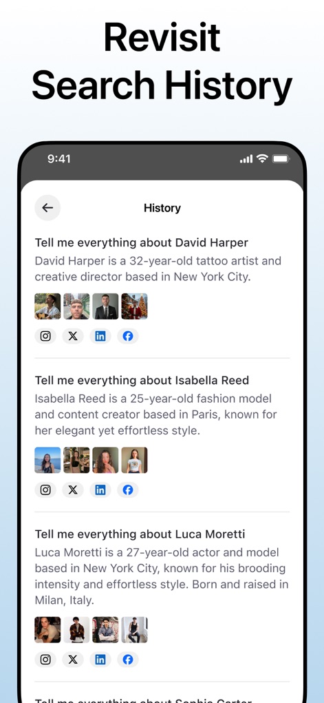 Deepsearch AI Search Assistant - The app maintains a clear search history, allowing users to easily revisit past inquiries and view associated social media icons for each search.
