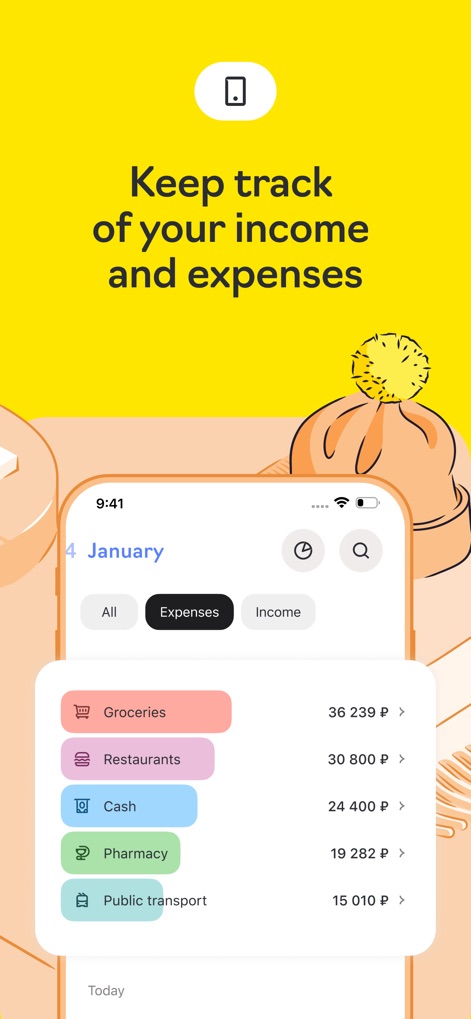 Райффайзен Онлайн Банк Россия - Die Anwendung ermöglicht die detaillierte Verfolgung von Einnahmen und Ausgaben, dargestellt durch eine monatliche Übersicht und eine spezifische Auflistung der Ausgabenkategorien wie 'Groceries' und 'Restaurants'.