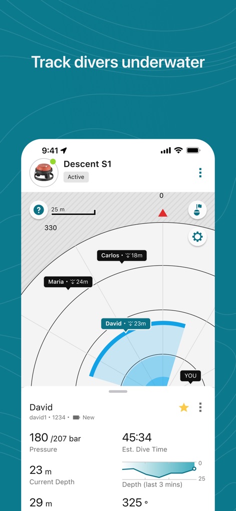 Garmin Dive™ - Los usuarios pueden monitorear la ubicación de otros buceadores en tiempo real a través de un mapa que indica sus profundidades actuales y una interfaz gráfica que visualiza la presión o la profundidad del buceador principal.