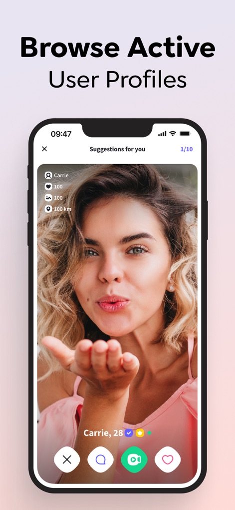 Waplog - Dating & Video Call - Users can explore detailed individual profiles, featuring a prominent full-screen photo and intuitive interaction buttons for instant chat or video calls.
