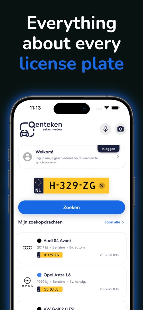 Qenteken - Kenteken Check - Users can quickly initiate a vehicle lookup via the prominent license plate input field and review recent search history at a glance.