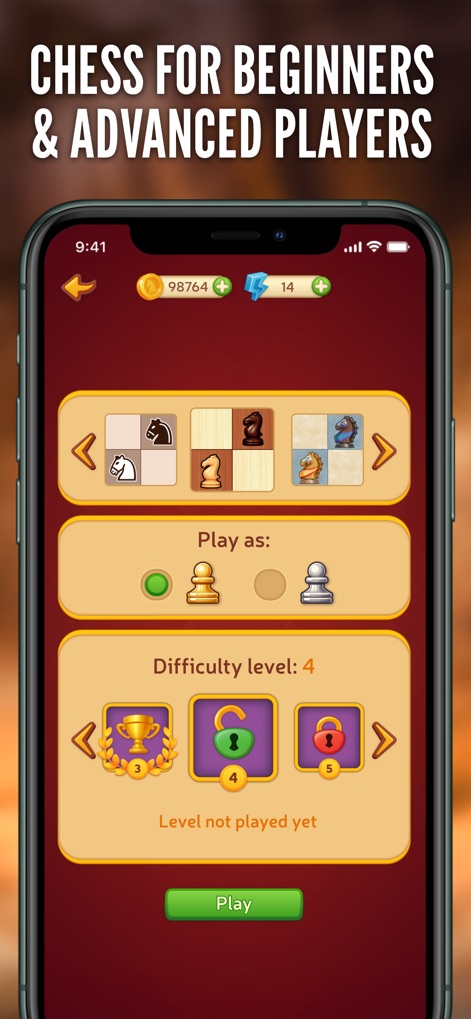 Chess Online - Clash of Kings - Choose from 10 distinct difficulty levels and select your playing side (light or dark pieces) for personalized matches.