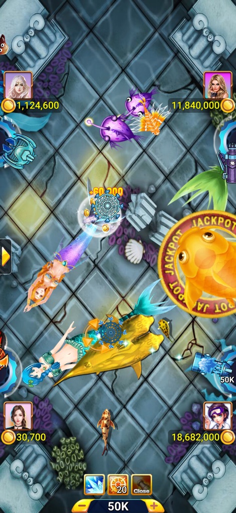 Tiến Lên Offline - Phỏm, Tá Lả - Este jogo de Bắn Cá (Tiro ao Peixe) cativa com criaturas marinhas vibrantes e a excitante oportunidade de atingir um "JACKPOT", exibindo também a acumulação de moedas.