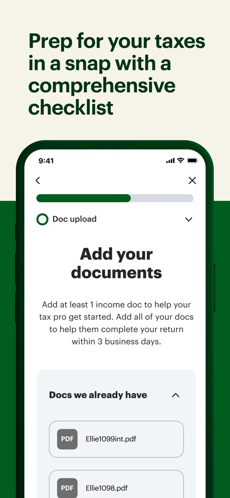 MyBlock: Tax Docs & Refund - This tool simplifies tax preparation by allowing users to efficiently add documents and view existing uploads, such as 'Ellie1099int.pdf' and 'Ellie1098.pdf'.
