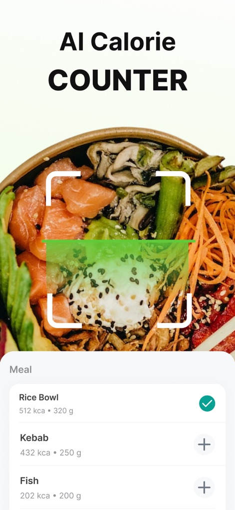 ‎Calorie Counter: Food Tracker - Esta herramienta facilita el registro de alimentos con su avanzado escáner visual, que permite identificar un 'Rice Bowl' automáticamente y listar posibles comidas para una entrada rápida y precisa.