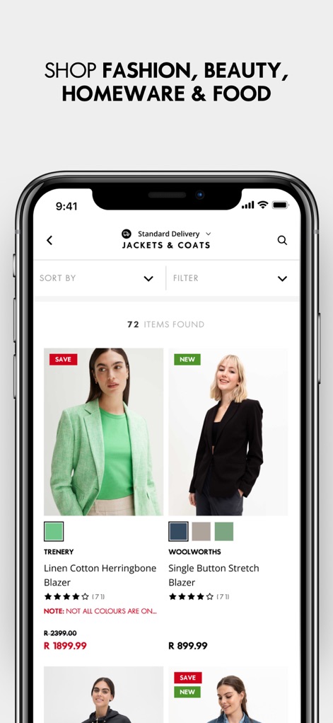 Woolworths (Pty) Ltd - This tool presents a curated selection of fashion items and clearly highlights products with 'SAVE' and 'NEW' labels for easy identification.