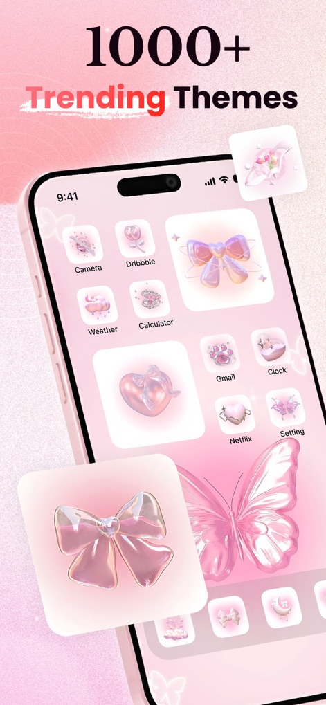 ThemeMate: DIY Wallpaper Theme - La aplicación presenta una galería de más de 1000 temas, destacando íconos de aplicaciones brillantes y tridimensionales, y un tema coordinado con mariposas y tonalidades rosadas para una estética moderna.