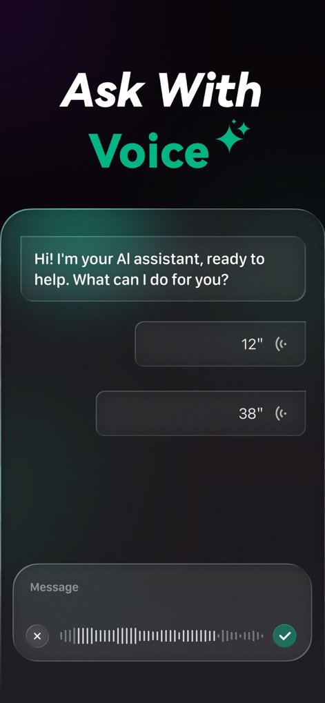 Chat AI 5: AI Agent & Video - La herramienta facilita una comunicación manos libres, permitiendo a los usuarios interactuar con el asistente de IA a través de comandos de voz, como se indica con la bienvenida del asistente y la representación visual de las grabaciones de voz.