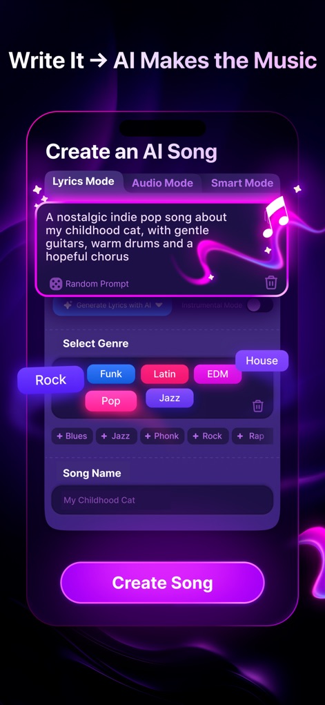 AI Music Maker・Song Generator・ - This tool allows users to input descriptive text for a song idea and select from diverse genre buttons like 'Rock' and 'EDM' to guide AI music generation.