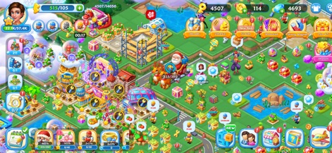 Merge Topia-Screw Jam - La vista aerea cattura l'espansione e la personalizzazione dell'isola, rivelando una vasta gamma di edifici tematici e l'abbondanza di risorse accumulate dal giocatore.
