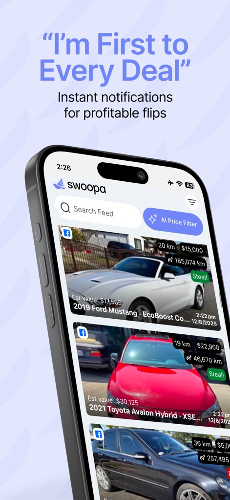 Swoopa - The app's main feed showcases instant marketplace alerts and highlights profitable deals with an "AI Price Filter" and a prominent "Steal!" tag.