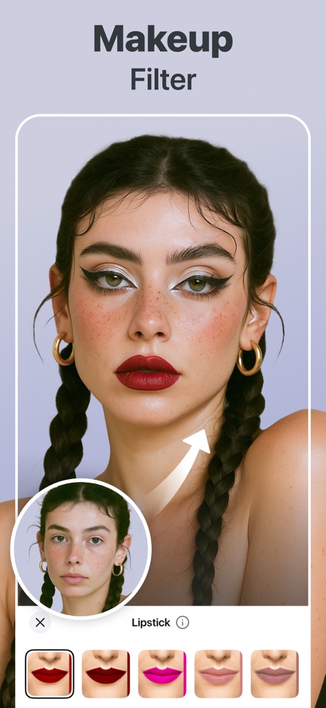 Retouch Me: Face, Body Editor - Die Darstellung demonstriert die vielfältigen Make-up-Filter, einschließlich der Option zum Lippen aufpolstern und zur Anwendung von professionellem Make-up.