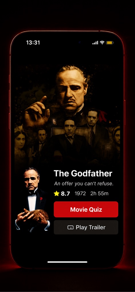 PobreFlix : Lookmovie & TV - A tela de detalhes do filme fornece dados completos, incluindo a avaliação do público e botões de ação para participar do "Movie Quiz" ou assistir ao "Play Trailer".