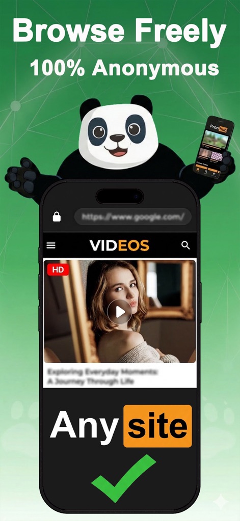 Panda VPN: Stream & Game Fast - A interface apresenta uma barra de endereço genérica "https://www.google.com/" e a afirmação "Any site", garantindo aos usuários a liberdade de "Browse Freely" e 100% anonimamente.