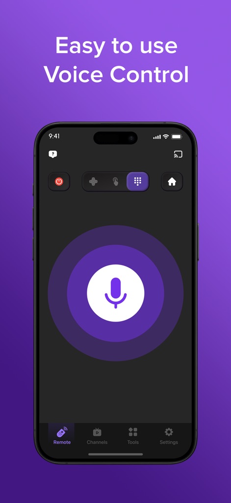 TV Remote & Smart TV Control - The app features an intuitive voice control interface, allowing users to speak commands directly through the prominent microphone button for hands-free operation.