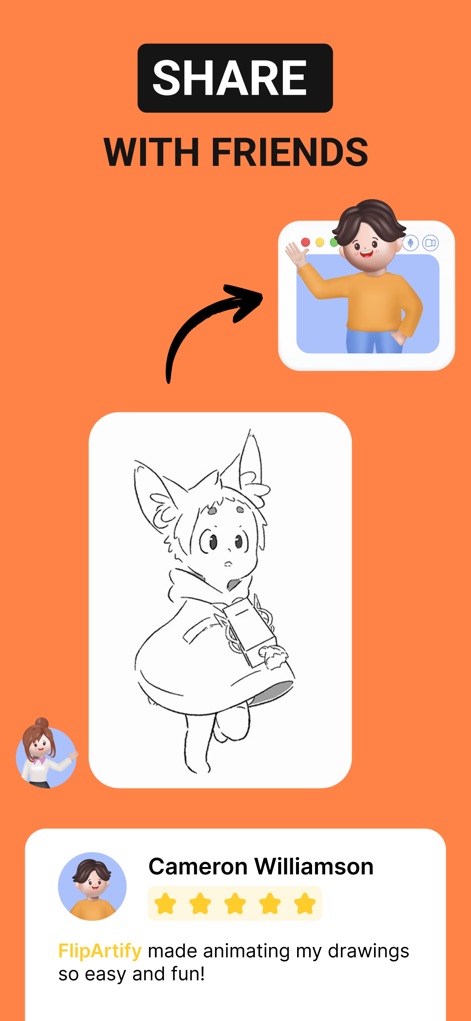 FlipArtify - 2D Draw Animation - The app facilitates easy social media sharing of animated creations, supported by positive user testimonials that highlight its ease of use.