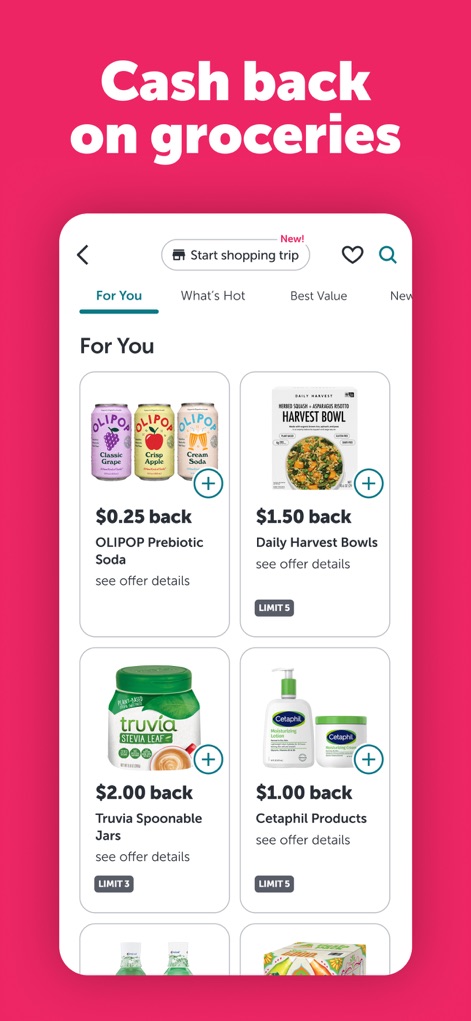 Ibotta: Save & Earn Cash Back - Users can explore diverse grocery offers, featuring specific products like "OLIPOP Prebiotic Soda" and "Daily Harvest Bowls", categorized for easy discovery under "For You".