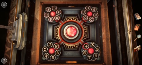 Boxes: Lost Fragments - Este painel de controle destaca um quebra-cabeça baseado em caracteres, com quatro mostradores circulares de letras e um botão central incandescente que aguarda a combinação correta para progredir na narrativa.