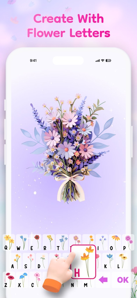 FloralWhisper: Lovely Language - このアプリでは、美しくデザインされた花のブーケと、各文字が異なる花で表現された魅力的なキーボード文字が利用できます。