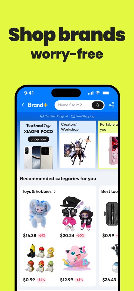 AliExpress - Shopping App - See how the app guarantees a "worry-free" shopping experience, featuring "Certified Original" products and popular brands like XIAOMI and POCO.