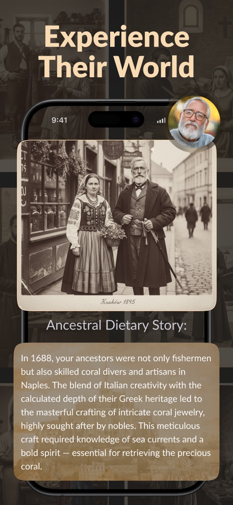 True Heritage & Ancestry: EDNA - La herramienta recrea una fotografía histórica de sus ancestros, como la de "Kraków 1895", complementada con una "Ancestral Dietary Story" que detalla sus oficios y costumbres, como "coral divers and artisans".