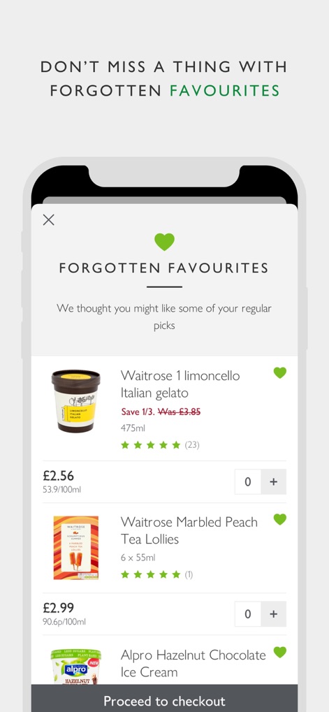 Waitrose & Partners - A funcionalidade 'Forgotten Favourites' sugere produtos baseados em compras anteriores, exibindo imagens detalhadas dos itens e seus respectivos preços promocionais.
