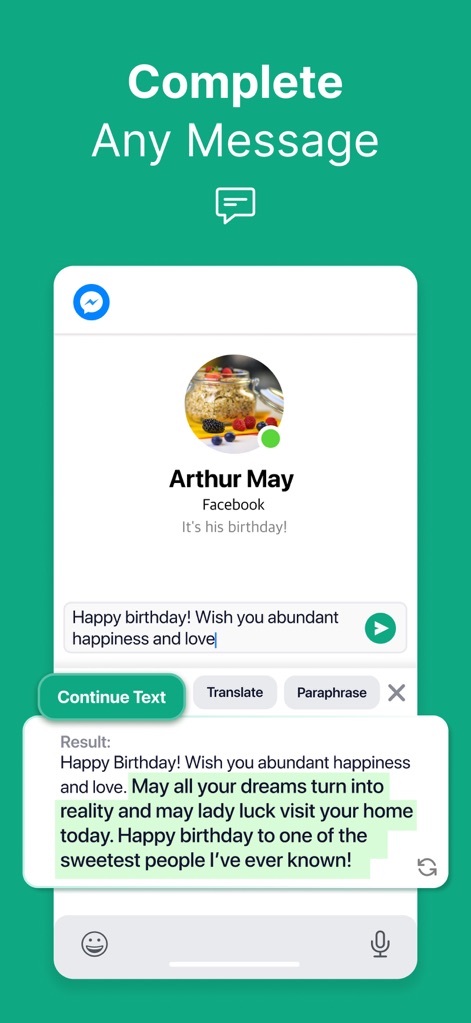 TypeAI: AI Keyboard & Writer - Users benefit from AI that can complete messages based on context, as shown by the extended birthday greeting and the 'Continue Text' option.