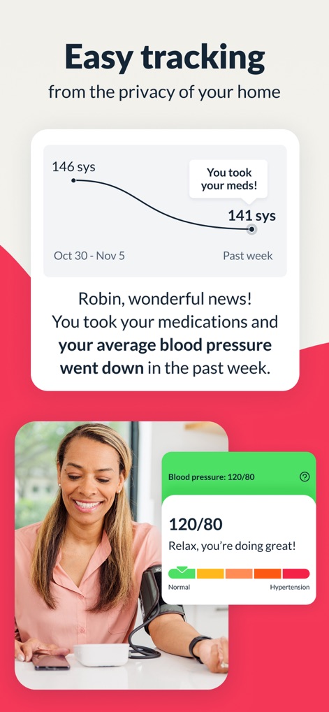 Hello Heart • For heart health - This screenshot highlights how users receive encouraging messages about 'average blood pressure' reduction and personalized 'medication reminders' within their health journey.