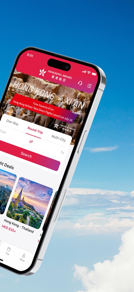 Hong Kong Airlines - The app simplifies flight discovery with easy-to-use "Round-Trip" selection and highlights compelling "Flight Deals" for budget-conscious travelers.