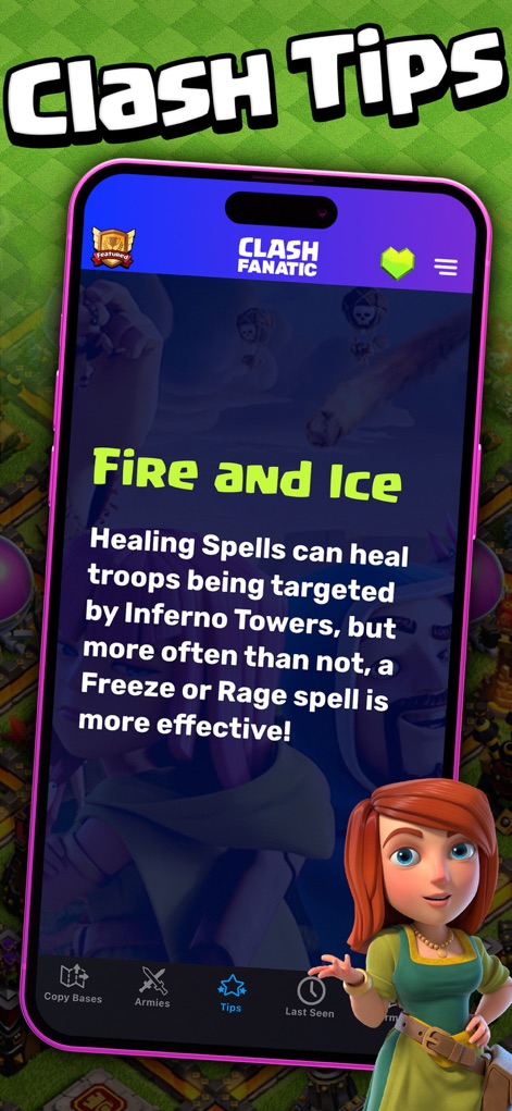 CoC Fanatic for Clash of Clans - Usuários encontram dicas valiosas para aprimorar o jogo, como a que explica sobre feitiços de cura vs. congelamento e fúria, com a imagem da Arqueira Rainha oferecendo orientação no rodapé.