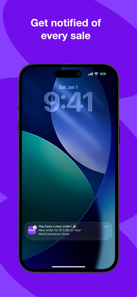 WooCommerce: Store & POS - La aplicación mantiene a los comerciantes informados con notificaciones en tiempo real, mostrando el banner de alerta con detalles del nuevo pedido y el logotipo distintivo de WooCommerce.