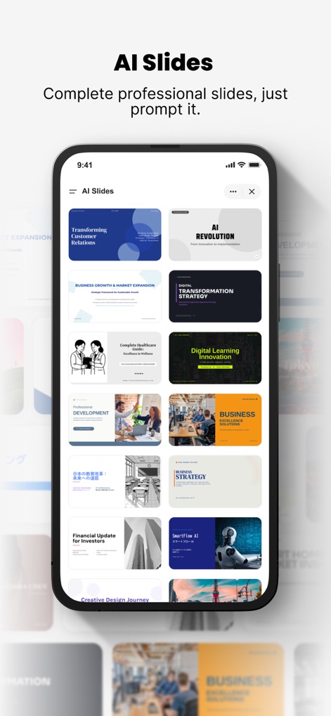 Genspark AI Workspace - このAIスライド機能は、プロンプト一つでプロ品質のプレゼンテーションを自動生成し、多種多様なレイアウトのサムネイル表示と、ビジネス関連の具体例が示されたスライドコンテンツを通して、その多様な活用法を示します。