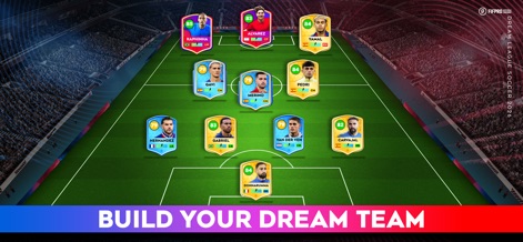 Dream League Soccer 2026 - La pantalla de formación permite a los usuarios organizar a sus jugadores con cartas de futbolistas como 'Raphinha' y 'Álvarez', mostrando sus valoraciones numéricas en el campo.
