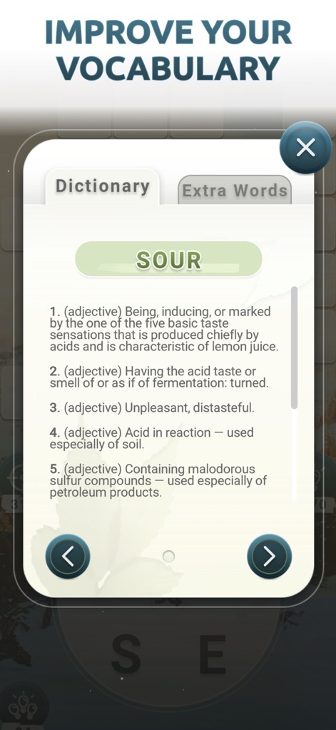 Word Connect - Words of Nature - This tool facilitates vocabulary enrichment through its comprehensive in-app dictionary, offering detailed definitions, and an integrated 'Extra Words' section for expanded learning.
