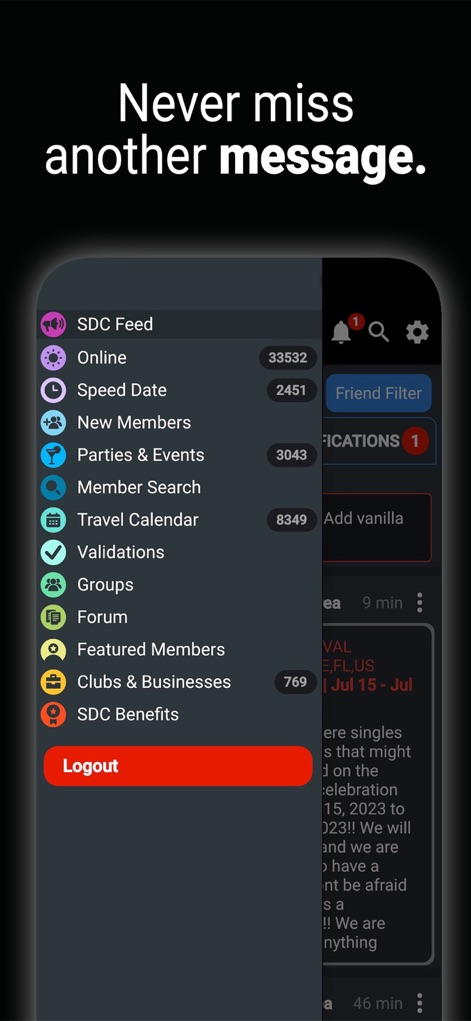 SDC Adult Dating - The intuitive side menu provides access to key sections like the 'Travel Calendar' and 'Member Search', ensuring users never miss important updates or connections.