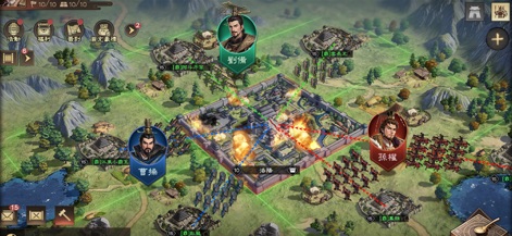 三國志:王戰 - Experience the depth of tactical warfare, featuring multiple commanders engaging in a dynamic city siege with visible troop formations and battle effects.