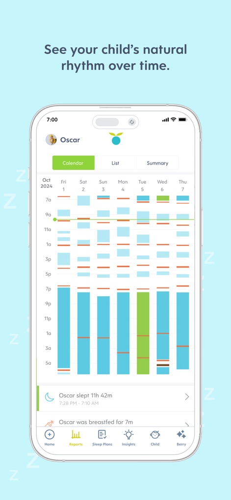 Huckleberry: Baby & Child - Users can visualize their child's daily patterns over time, thanks to a calendar-style display that shows color-coded bars for sleep and feeding activities.