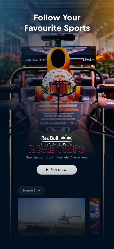 Red Bull TV: Watch Live Events - Engage with the app's dedicated series pages, featuring content like 'Red Bull Racing Road Trips' with a prominent 'Play show' button and an easy-to-use season selection dropdown.
