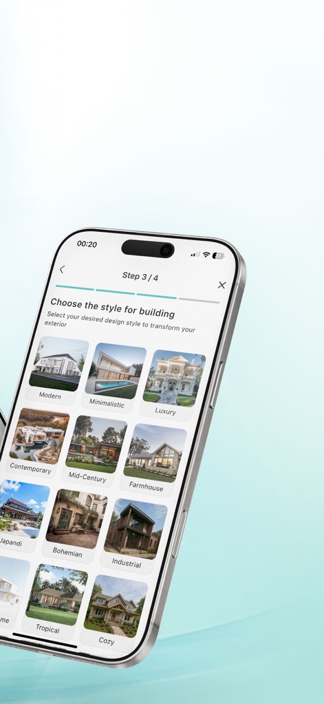 HomeVibe – AI Home Design - Nesta etapa, os usuários podem 'Choose the style for building', selecionando entre uma vasta gama de estilos arquitetônicos, como 'Modern', 'Minimalistic' e 'Luxury', para visualizar transformações externas de suas propriedades.