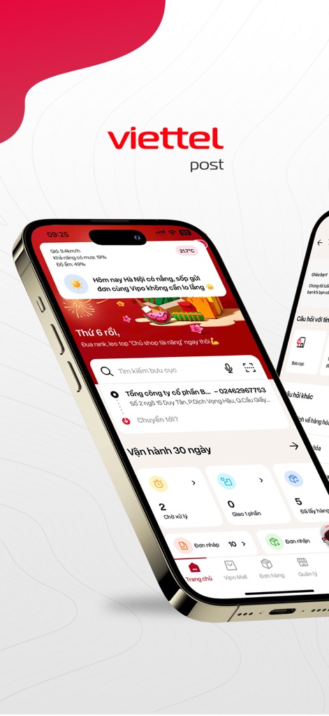 Viettel Post - Explore the app's intuitive home screen, showcasing the smart search bar for post offices and a clear 30-day operation summary of pending and received orders.
