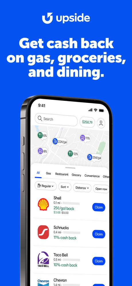 Upside: Gas & Food Cash Back App Store screenshot 1, headline “Get cash back on gas, groceries, and dining.”. Light.