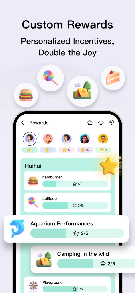 eCalendar - Daily Planner - A funcionalidade de recompensas personalizadas é claramente visível, apresentando itens como "hamburger" e "lollipop" que os usuários podem almejar, juntamente com "progress bars" que visualizam o andamento em direção a cada objetivo.