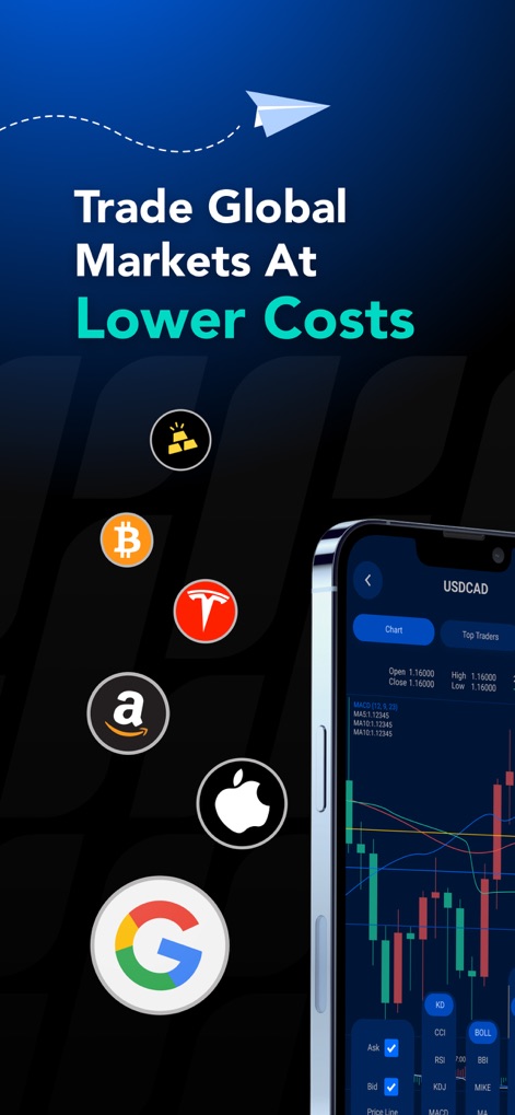 PU Prime - Forex Trading - L'app consente di "Trade Global Markets At Lower Costs", come illustrato dal grafico dettagliato per il pair "USDCAD" e dalle icone di asset globali quali "Apple" e "Google".