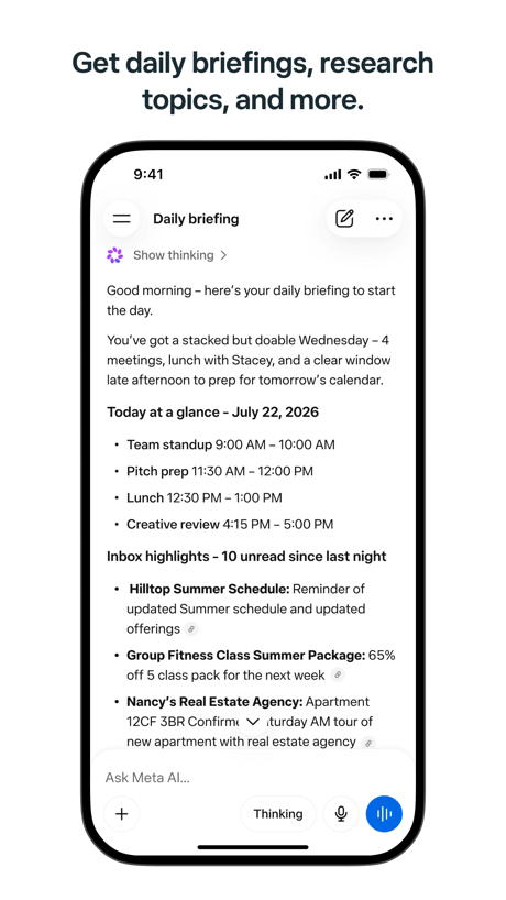 Meta AI App Store screenshot 1, headline “Get daily briefings, research topics, and more.”. Asks for an action.
