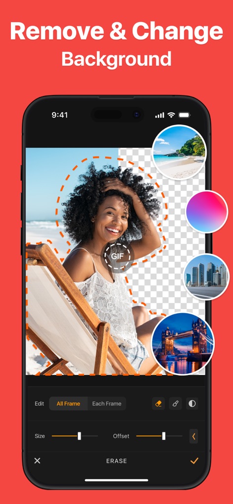GIF Maker - Memes & GIFs - O recurso "Remover & Mudar Fundo" permite aos usuários isolar figuras como a mulher sorridente na imagem, proporcionando a troca por fundos diversos, incluindo uma praia paradisíaca ou um gradiente vibrante.