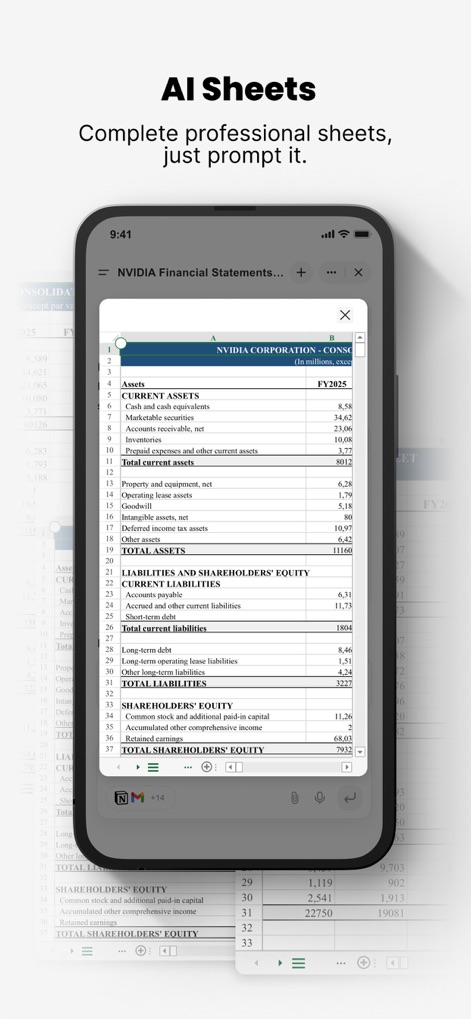 Genspark AI Workspace - AIシート機能は、複雑な財務諸表データの自動収集と数式構築をサポートし、NVIDIAの財務諸表が表示された表計算インターフェースと、行や列で整理された数値データを通して、複雑な計算の自動化を示します。