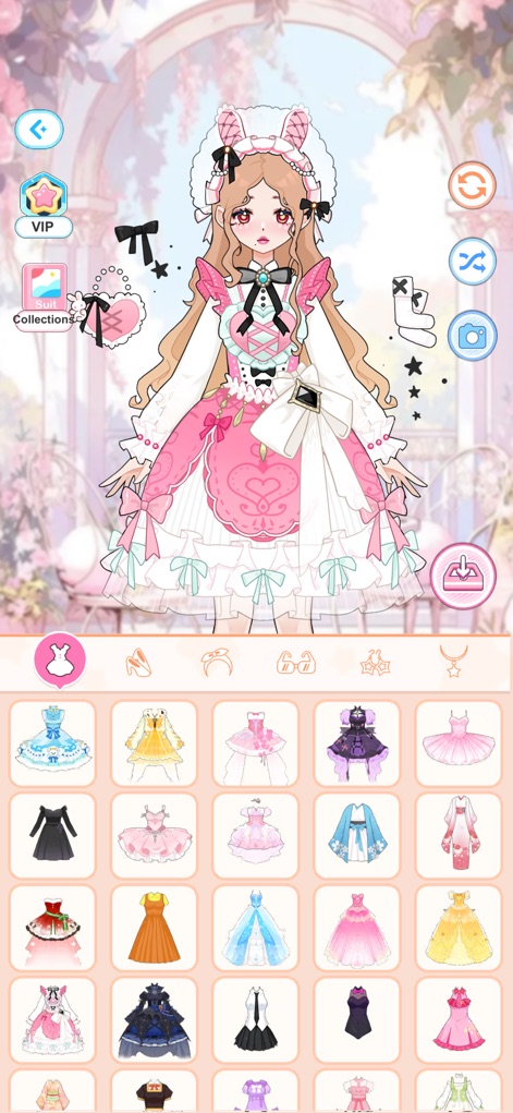 Love Idol: Beauty Dress Up - Users can explore a sophisticated look, complete with a multi-layered pink and white dress and charming bunny ear headwear, demonstrating the depth of fashion possibilities within the game.