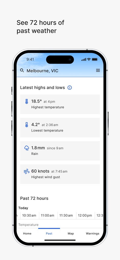 BOM Weather - The app displays extreme values like highest wind gust and lowest temperature, along with a 72-hour historical data graph.